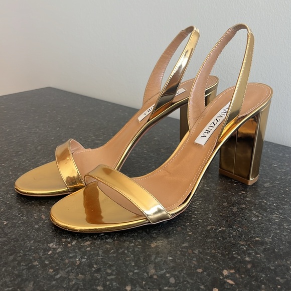 New Aquazzura Gold Metallic Leather Block Heel Sandal - Picture 4 of 9